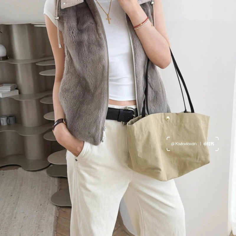 Canvas Tote Bag with Leather Straps – Large Capacity Women's Shoulder Bag