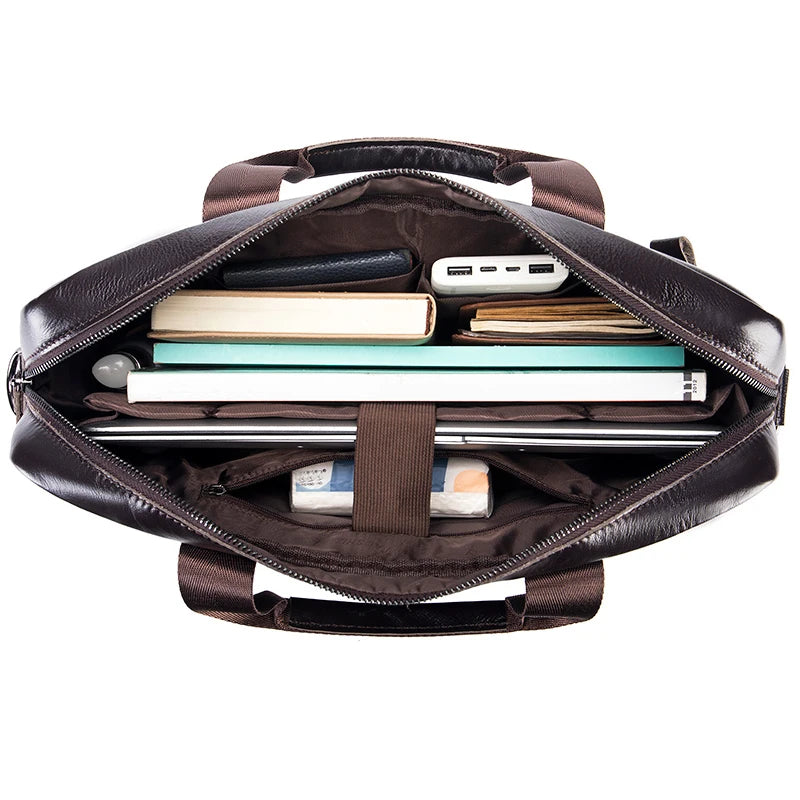 Genuine Leather Briefcase for Men – 14" Laptop Bag, Large Capacity