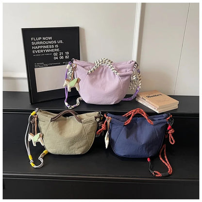 Trendy Shoulder Bags Women Oxford Fabric Drawstring Foldable Crossbody Bag Minimalist Design Casual