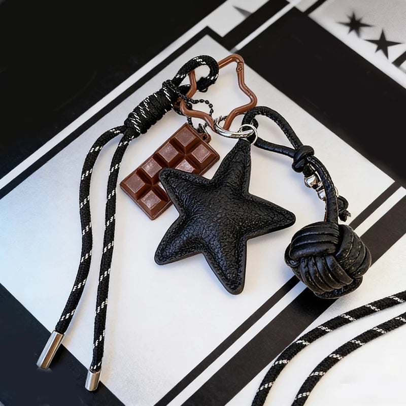 Star Leather Keychain Bag Charm with Woven Ball