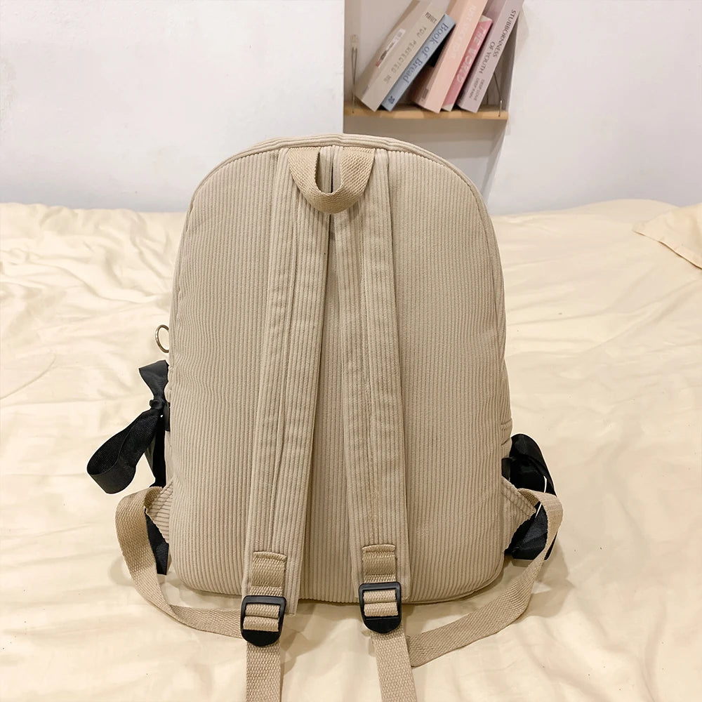 Bow Accent Corduroy Backpack for Women – Cute Aesthetic School Bag