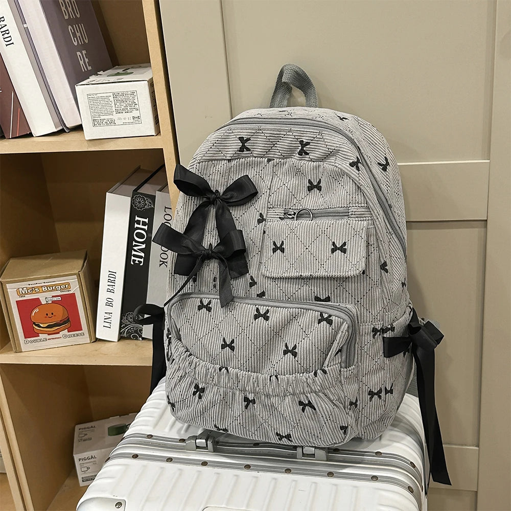 Corduroy Bow Backpack – Cute Large Capacity College School Bag