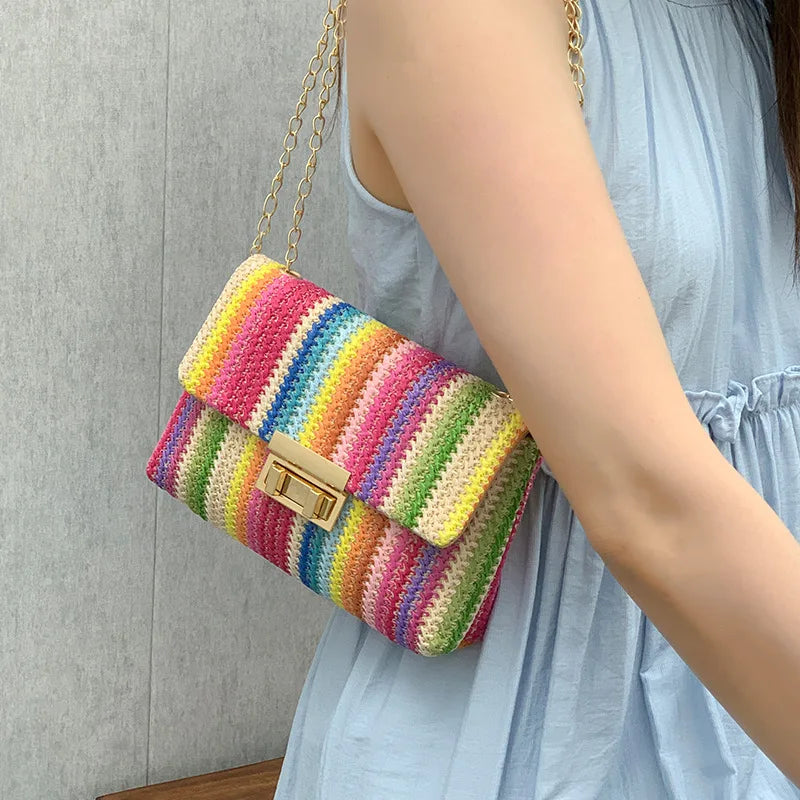 Rainbow Stripe Straw Crossbody Bag for Women – Chain Flap Handbag