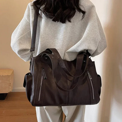 Women's PU Leather Shoulder Bag with Zipper Pockets