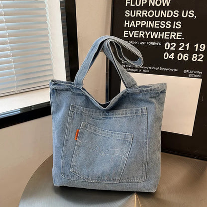 Denim Tote Bag – Large Capacity Shoulder Bag with Pocket