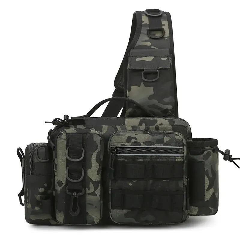 Fishing Tackle Sling Bag with Rod Holder – MOLLE Shoulder Pack