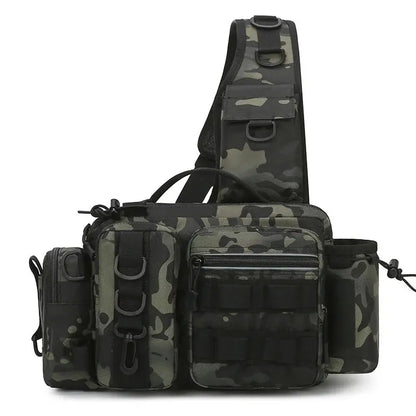 Fishing Tackle Sling Bag with Rod Holder – MOLLE Shoulder Pack