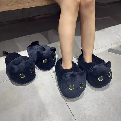 Black Cat Plush Slippers – Funny Warm Indoor House Shoes
