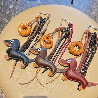 Dachshund Leather Keychain Bag Charm with Braided Rope