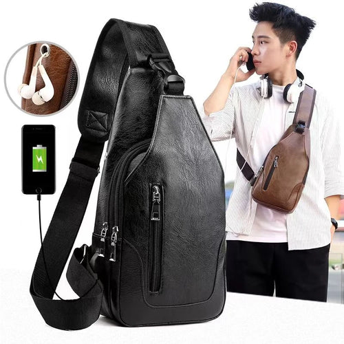 Men's PU Leather Chest Bag with USB Charging Port