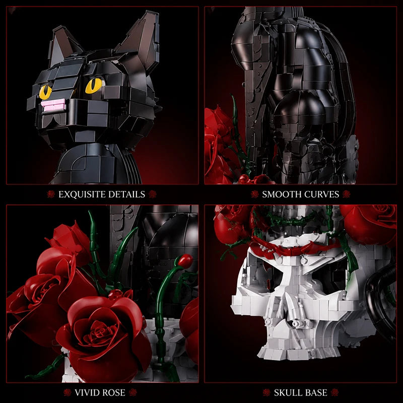 Gothic Skull Cat & Roses Building Blocks Set – MOC Decor Model
