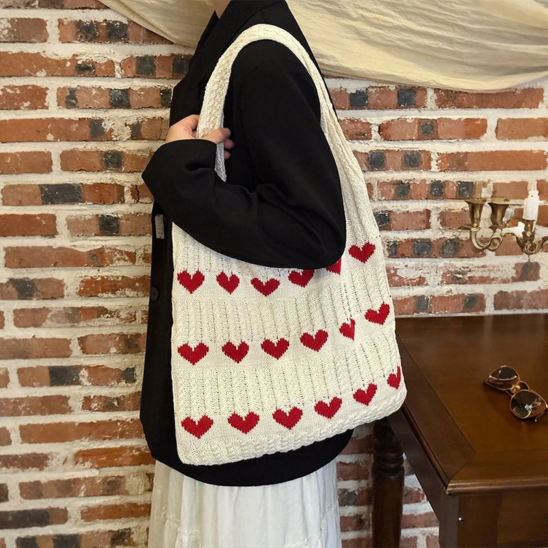 Knitted Heart Pattern Shoulder Tote Bag for Women
