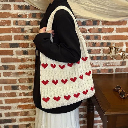 Knitted Heart Pattern Shoulder Tote Bag for Women