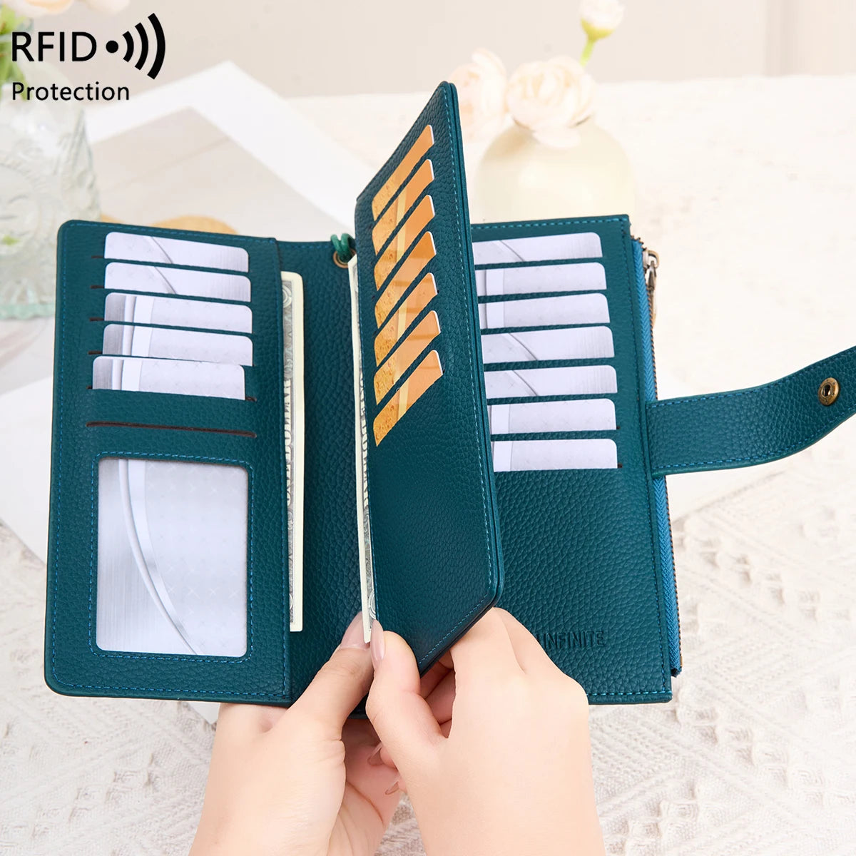 RFID Blocking Large Capacity Leather Wallet for Women