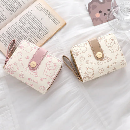 Cute Cat Print Short Wallet for Women – PU Leather Coin Purse