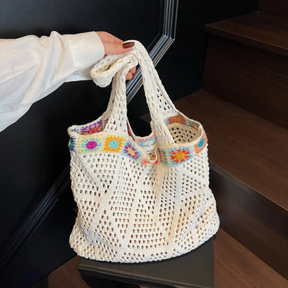 Bohemian Crochet Beach Tote Bag with Colorful Floral Trim