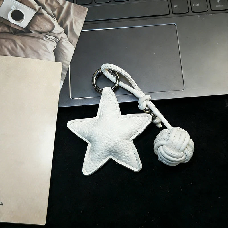 Star Leather Keychain Bag Charm with Woven Ball