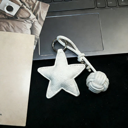 Star Leather Keychain Bag Charm with Woven Ball