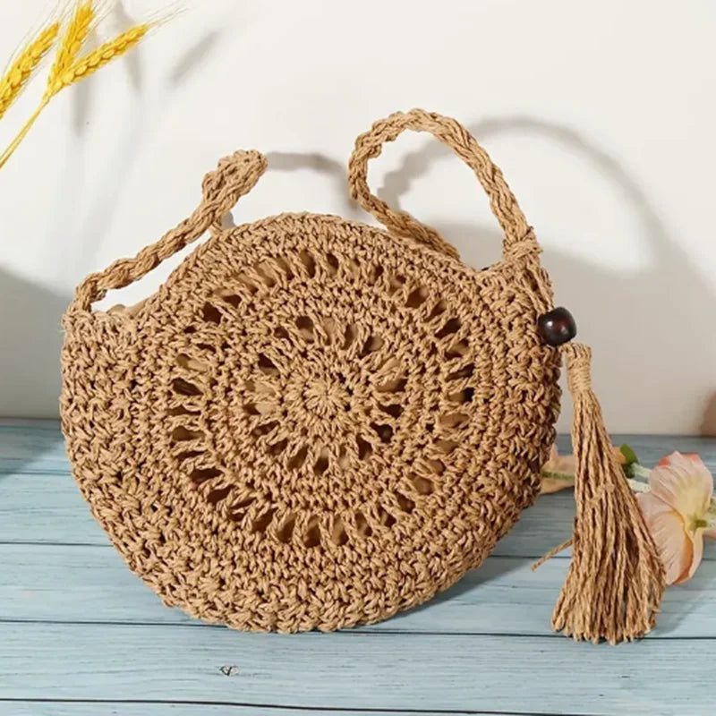 Round Straw Crossbody Bag with Tassel – Hollow Woven Purse