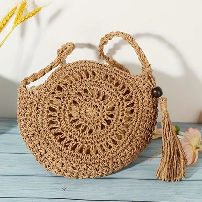 Round Straw Crossbody Bag with Tassel – Hollow Woven Purse