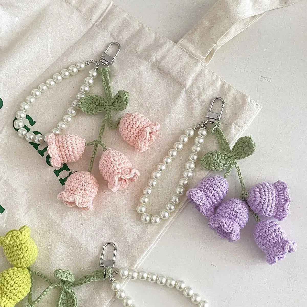 Crochet Flower Keychain with Pearl Chain Bag Charm Handmade