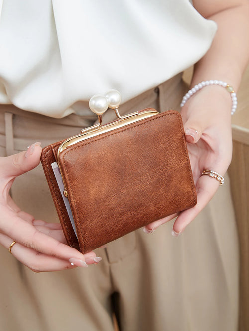 Pearl Kiss-Lock Women's Trifold Wallet – Large Capacity PU Leather