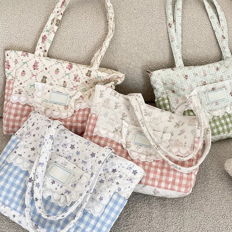 Kawaii Quilted Canvas Tote Bag – Lace Plaid Shoulder Handbag