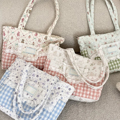 Kawaii Quilted Canvas Tote Bag – Lace Plaid Shoulder Handbag