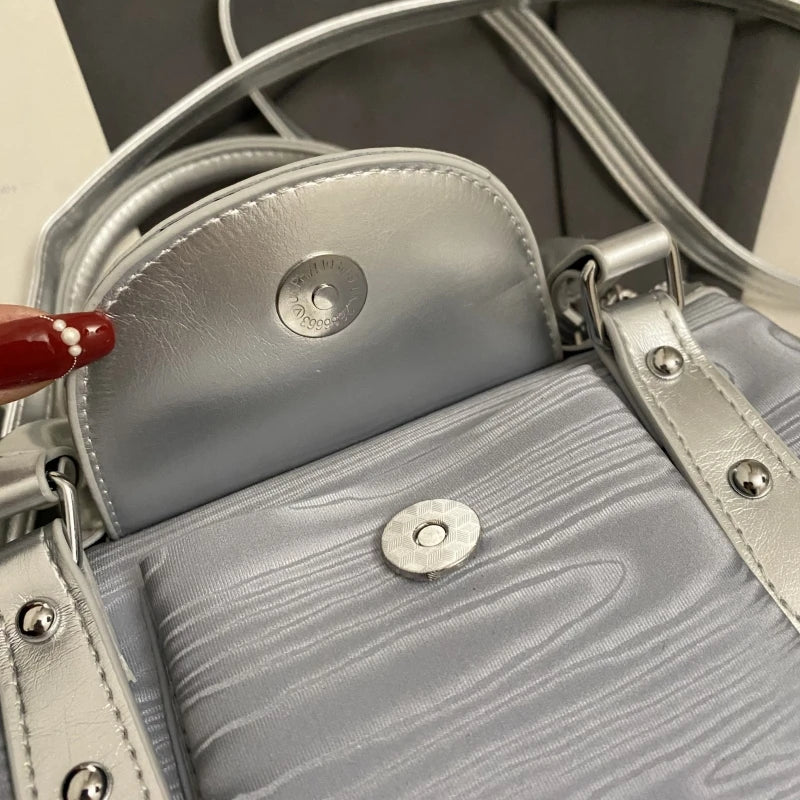 Moods Luxury Silver Trim Wave Texture Boston Bag Lady Mini Top Handle Handbag Detachable Strap