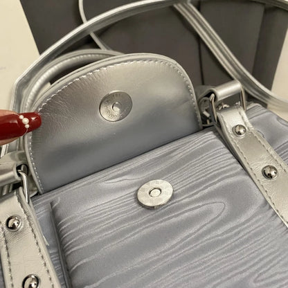 Moods Luxury Silver Trim Wave Texture Boston Bag Lady Mini Top Handle Handbag Detachable Strap