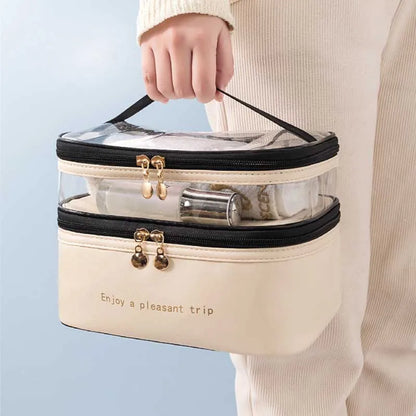 Large Capacity Travel Makeup Bag Double Layer Clear PU