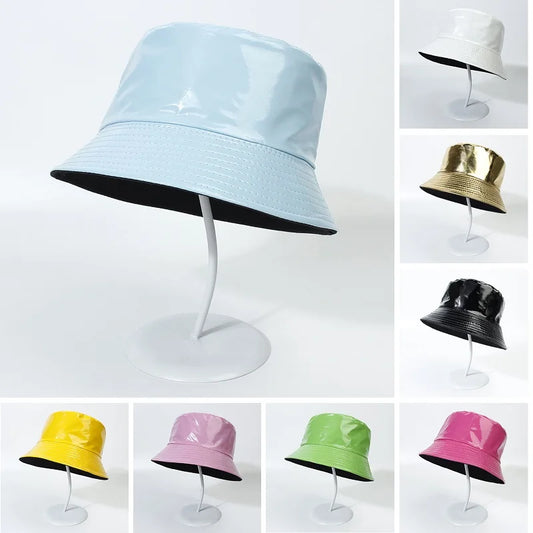 Shiny PU Leather Bucket Hat – Unisex Waterproof Cap