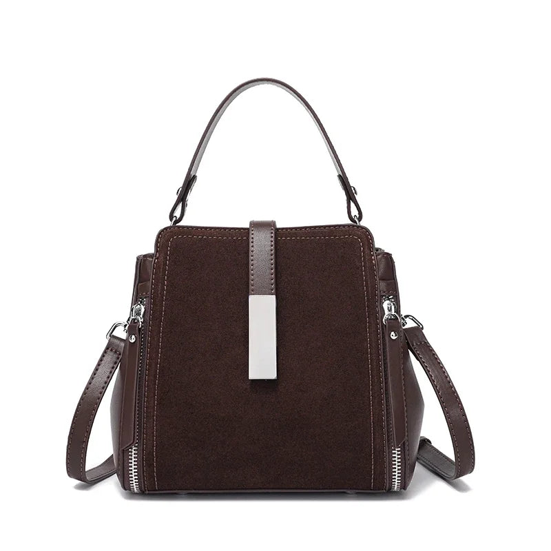 Suede Leather Shoulder Bag - Vintage Cowhide Handbag for Women