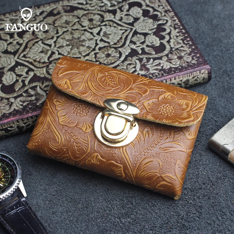 Genuine Leather Card Holder Wallet with Floral Embossing & Twist Lock