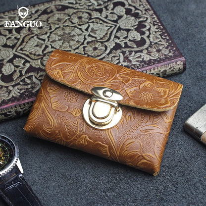 Genuine Leather Card Holder Wallet with Floral Embossing & Twist Lock