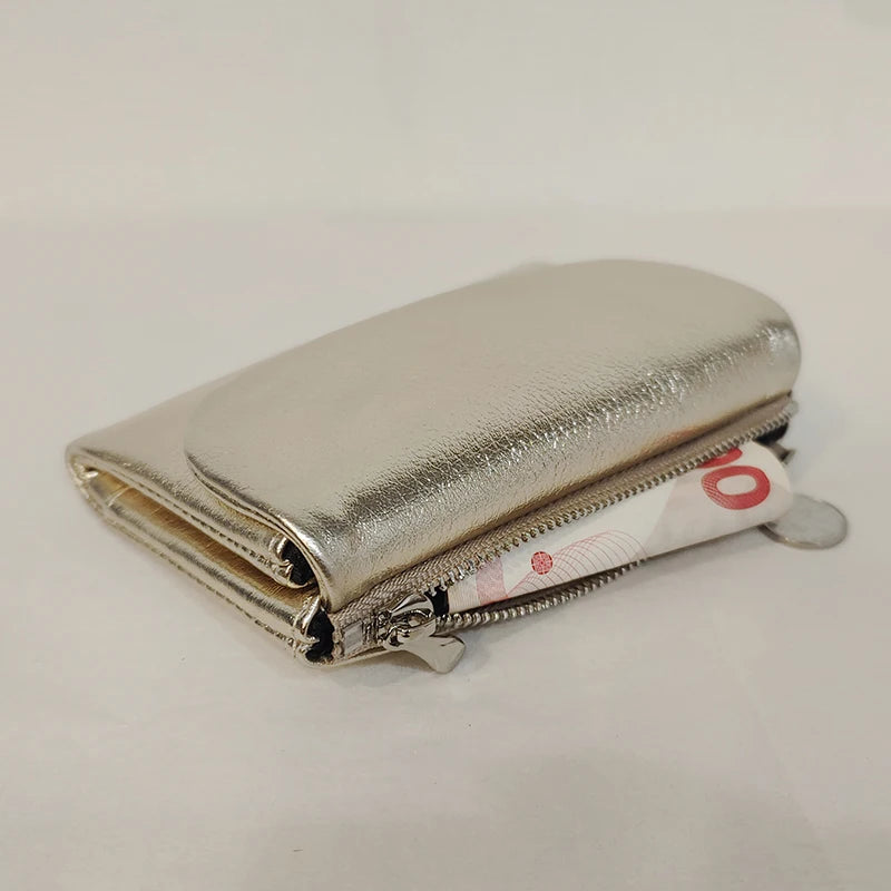 Metallic Genuine Leather Tri-Fold Women's Wallet Organizer Purse