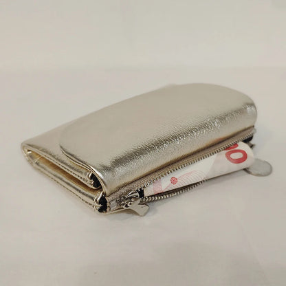 Metallic Genuine Leather Tri-Fold Women's Wallet Organizer Purse