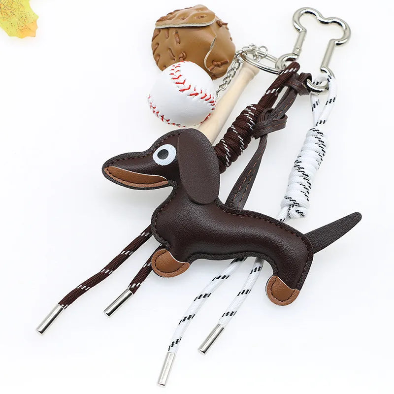 Dachshund Leather Bag Charm Keychain with Braided Rope & Chocolate Pendant