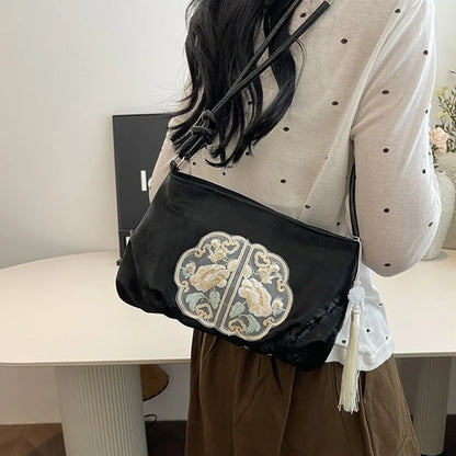 Chinese Embroidery Tote Bag – Soft Satchel with Tassel & Rope Handle