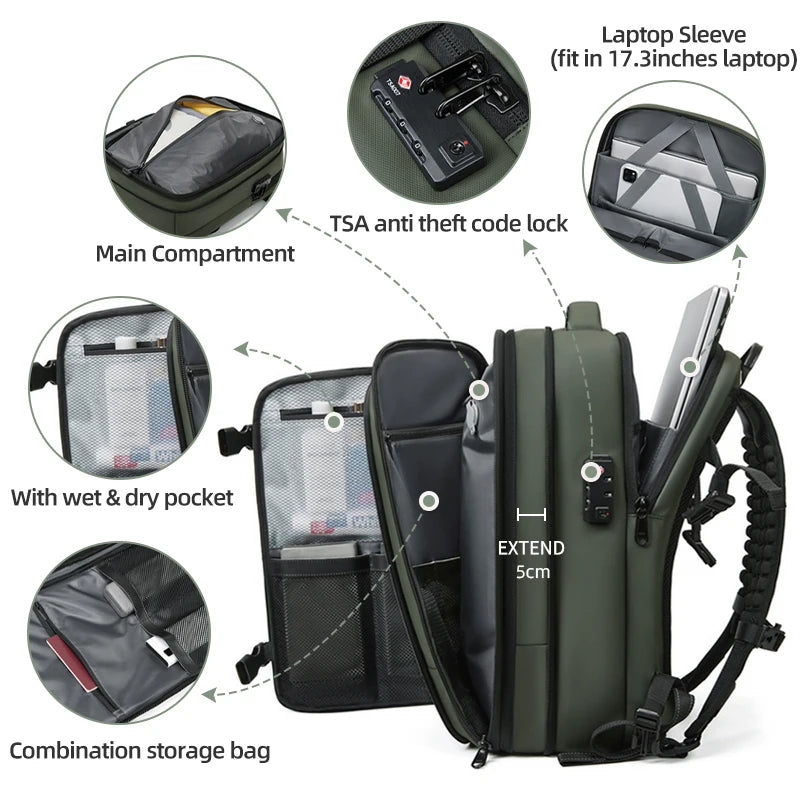 Large Capacity Travel Backpack for Men – 17" Laptop, Vacuum Compression, Expandable
