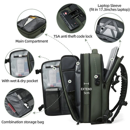Large Capacity Travel Backpack for Men – 17" Laptop, Vacuum Compression, Expandable
