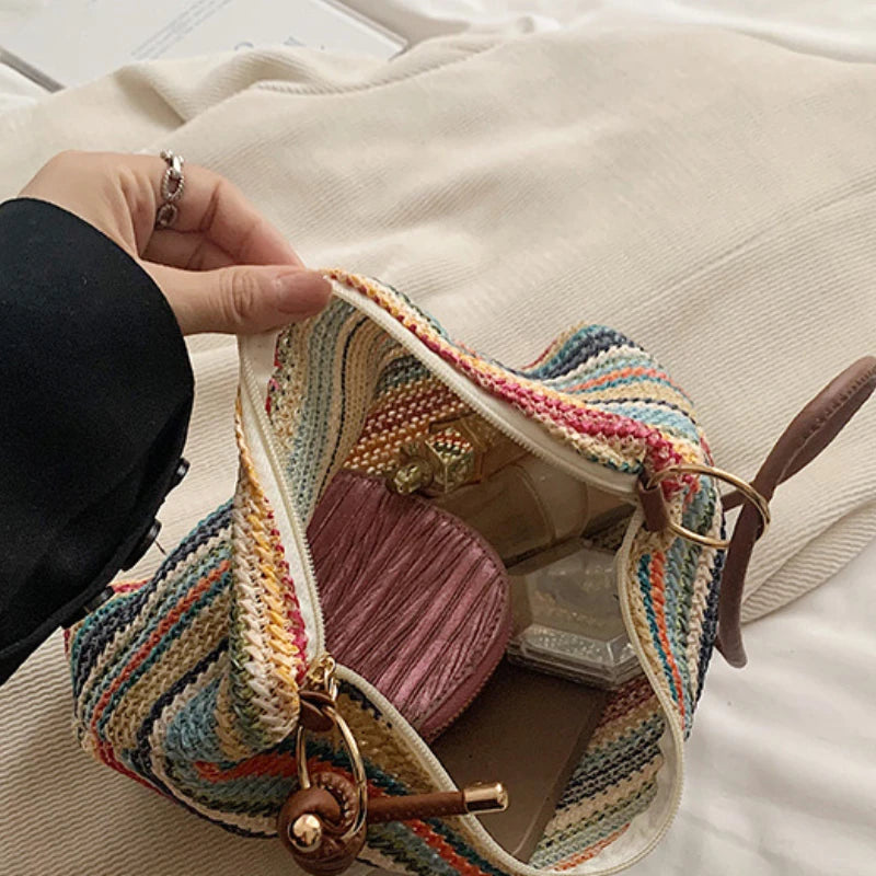 Striped Woven Straw Tote Bag – Women's Boho Shoulder Bag