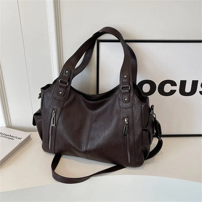 Women's Vintage Leather Tote Bag – Large Capacity Multi-Pocket Shoulder Bag