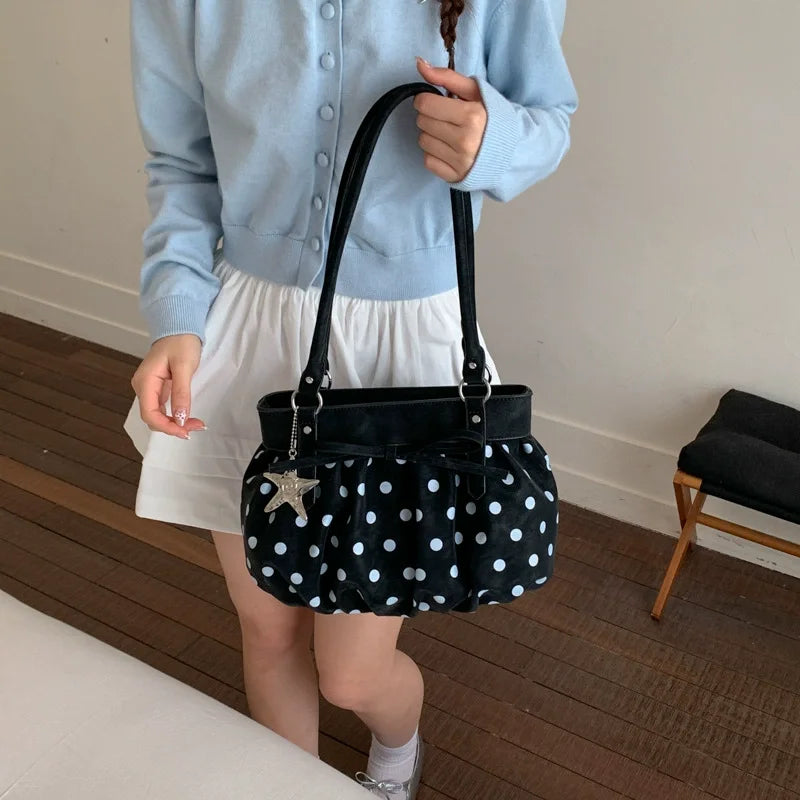 Polka Dot Ruched Shoulder Bag Star Pendant Women Bow Decor Large Capacity Hobo Retro Versatile