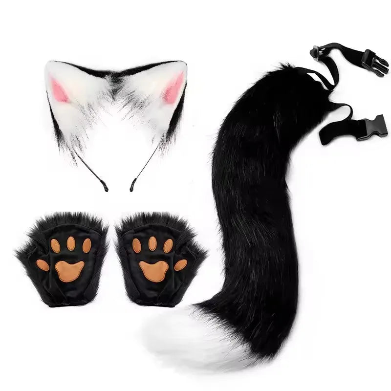 Fluffy Fox Tail & Wolf Mask Cosplay Set – 3pcs Halloween Costume