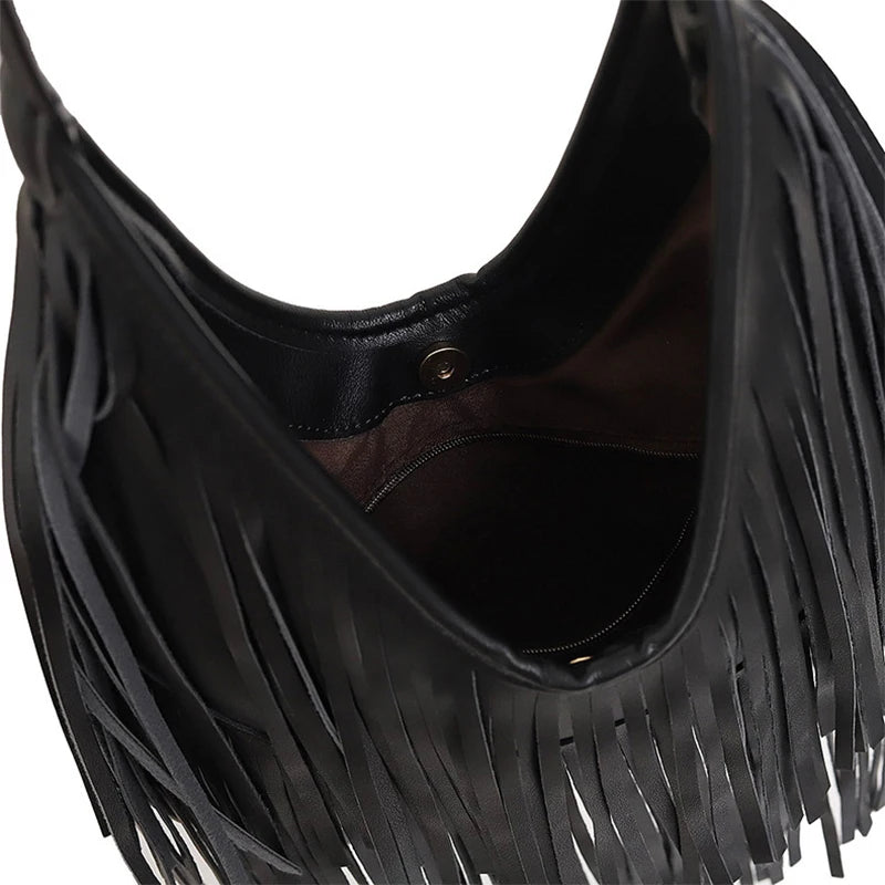 Boho Fringe Leather Hobo Shoulder Bag for Women