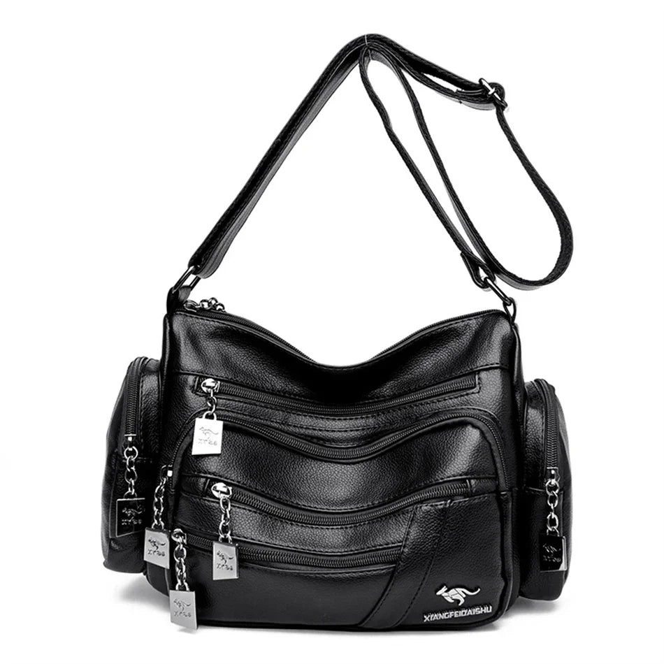 Multi-Pocket PU Leather Shoulder Bag – Women's Luxury Crossbody Messenger