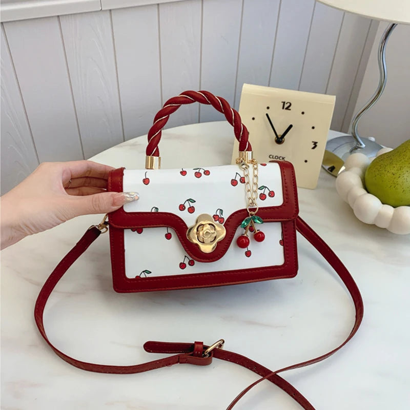 Cherry Print Crossbody Bag with Top Handle & Shoulder Strap