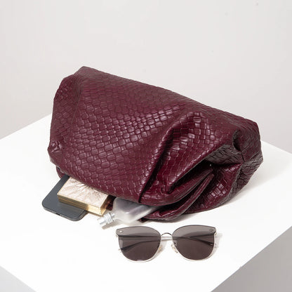 Vintage Artificial Leather Woven Pattern Clutch Bag Burgundy Formal Dresses Women Large Capacity