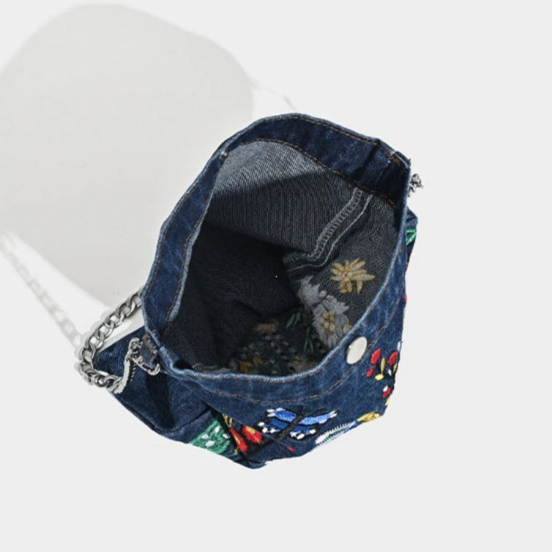 Embroidered Denim Shoulder Bag – Floral Chain Crossbody for Women